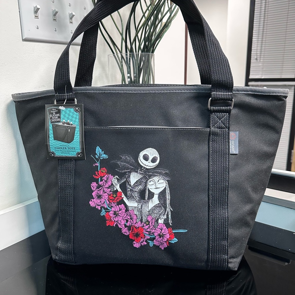 Disney Black and Pink Tote Bag with Gothic Floral Design